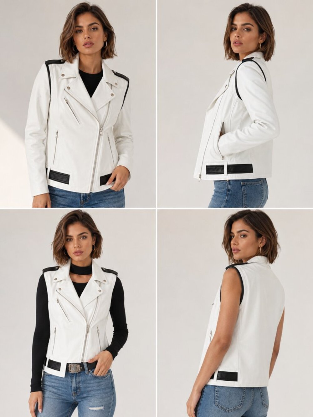 VEDA Baby Jane White Leather Moto Jacket Zip-Off Sleeves Vest Size S
